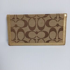 Coach Signature Monogram Checkbook Cover Wallet Brown Gold Metallic Leather Trim